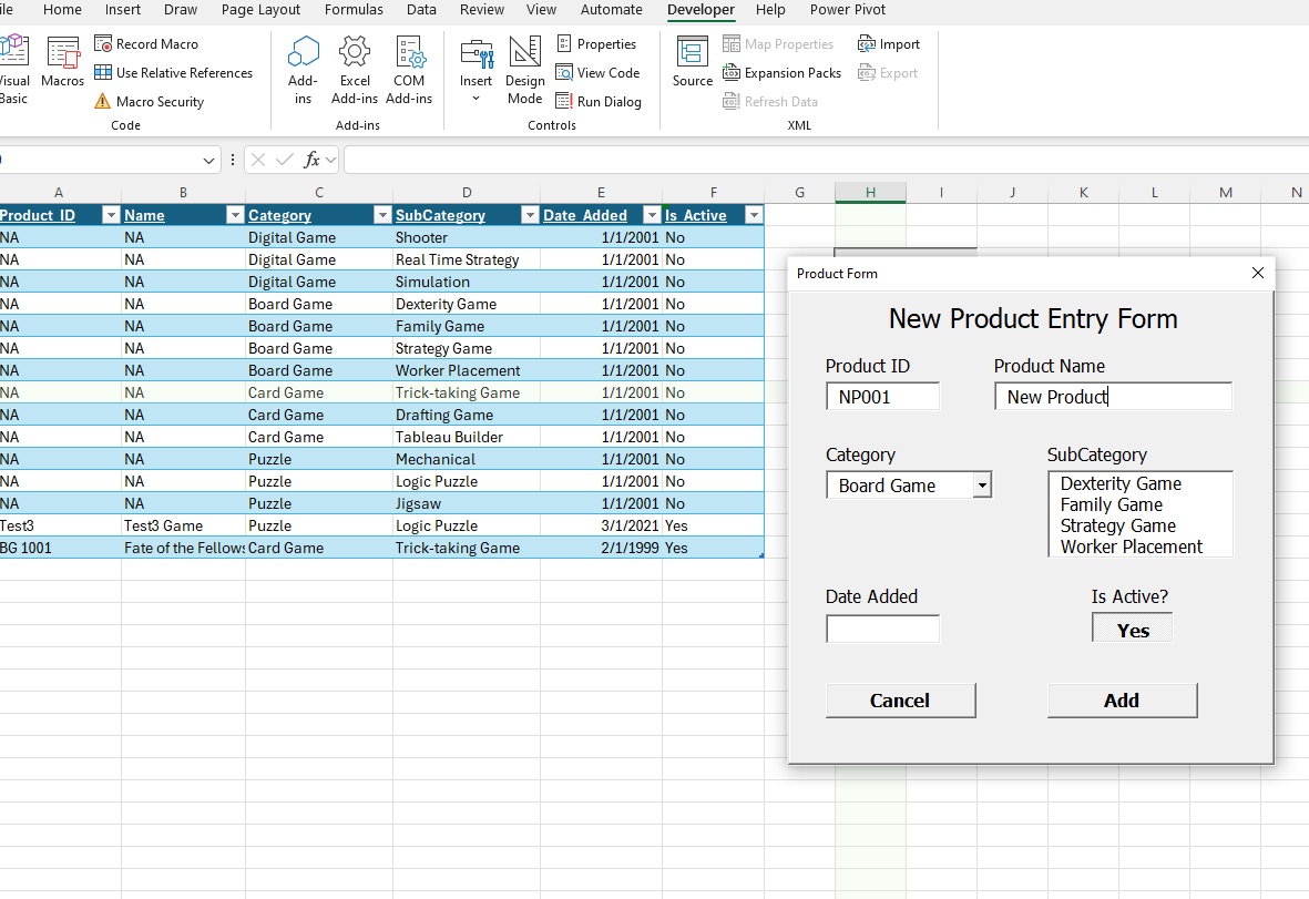 New Product Input Form